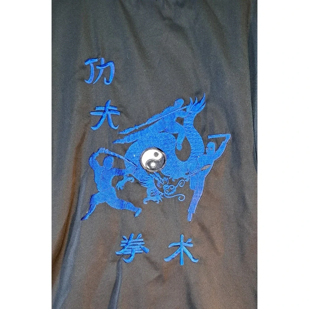 Mens Kung Fu Jacket Dragon‎ Embroidery Silk Blend Black Blue Yin Yang Large